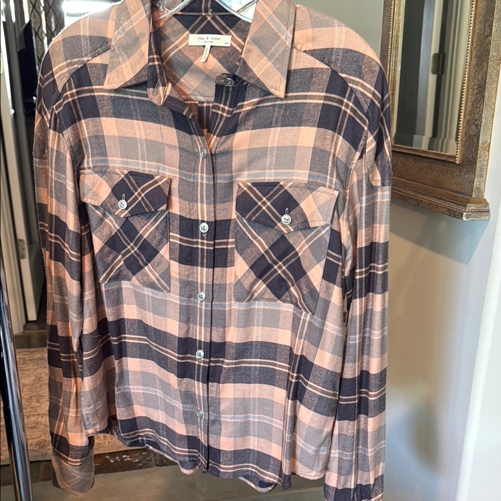 Rag & Bone Peach and Navy Plaid Shirt